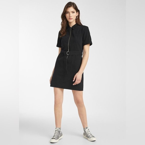 twik Dresses & Skirts - Belted and Zipped Black Denim Dress